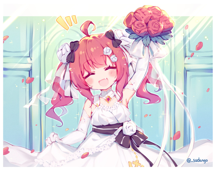 1girl :d ^_^ ahoge arm_up azur_lane bare_shoulders black_bow blush bouquet bow closed_eyes commentary_request dress elbow_gloves facing_viewer fang flower gloves hair_bow hair_flower hair_ornament holding holding_bouquet leaning_to_the_side notice_lines open_mouth petals red_flower red_rose redhead rose san_diego_(azur_lane) san_diego_(no.1_june_bride)_(azur_lane) sleeveless sleeveless_dress smile solo sudango twintails twitter_username wedding_dress white_dress white_flower white_gloves