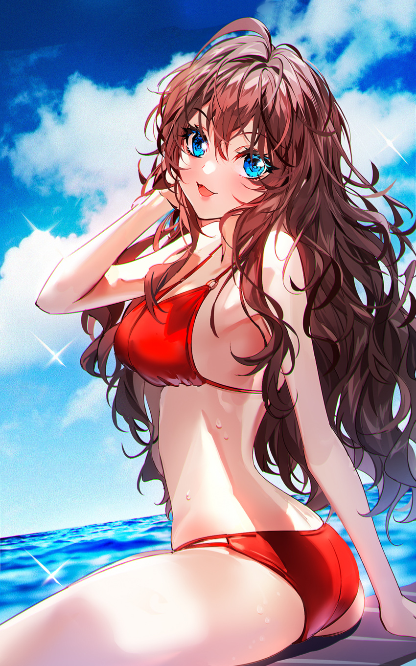 1girl :3 :d arched_back arm_support ass bangs baocaizi bare_arms bare_shoulders bikini blue_eyes blue_sky blush breasts brown_hair clouds cowlick hair_between_eyes halterneck hand_in_hair highres ichinose_shiki idolmaster idolmaster_cinderella_girls long_hair looking_at_viewer looking_back medium_breasts o-ring o-ring_bikini ocean open_mouth outdoors red_bikini sitting sky smile solo sparkle swimsuit water wet wet_clothes wet_swimsuit