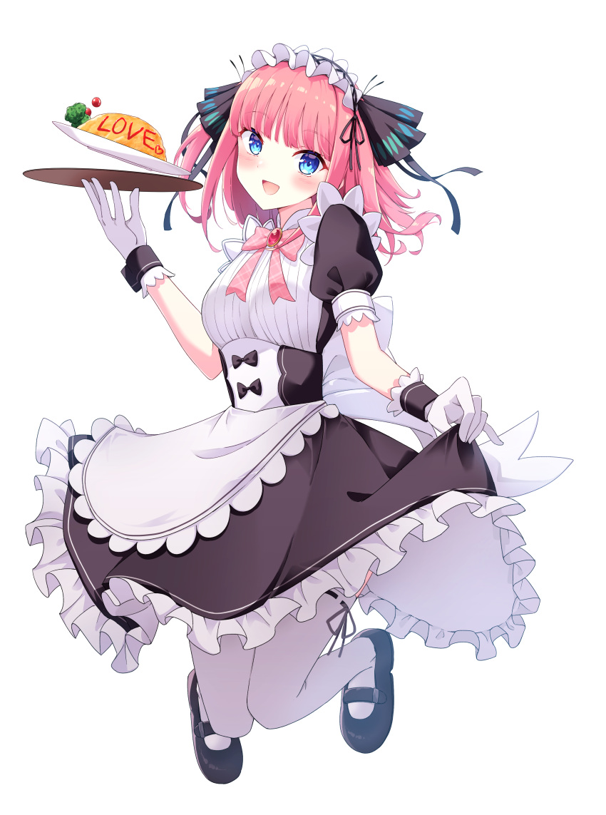 1girl :d absurdres blue_eyes blush bow bowtie food gloves go-toubun_no_hanayome highres holding holding_clothes holding_skirt ketchup looking_at_viewer maid maid_headdress nakano_nino omelet open_mouth pink_hair profnote shoes short_hair simple_background skirt smile solo thigh-highs two_side_up waitress white_background white_gloves wrist_cuffs