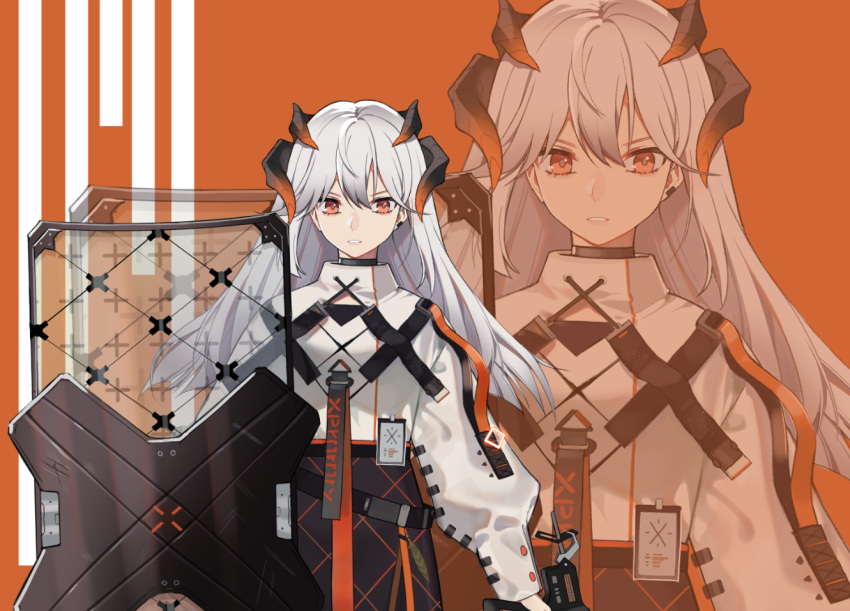 1girl arknights belt black_skirt chest_strap commentary dragon_horns earrings english_commentary expressionless hair_between_eyes high-waist_skirt horns id_card jewelry long_hair looking_at_viewer lyps orange_background orange_eyes parted_lips riot_shield saria_(arknights) shield silver_hair simple_background single_earring skirt solo stud_earrings symbol_commentary syringe_gun teeth zoom_layer