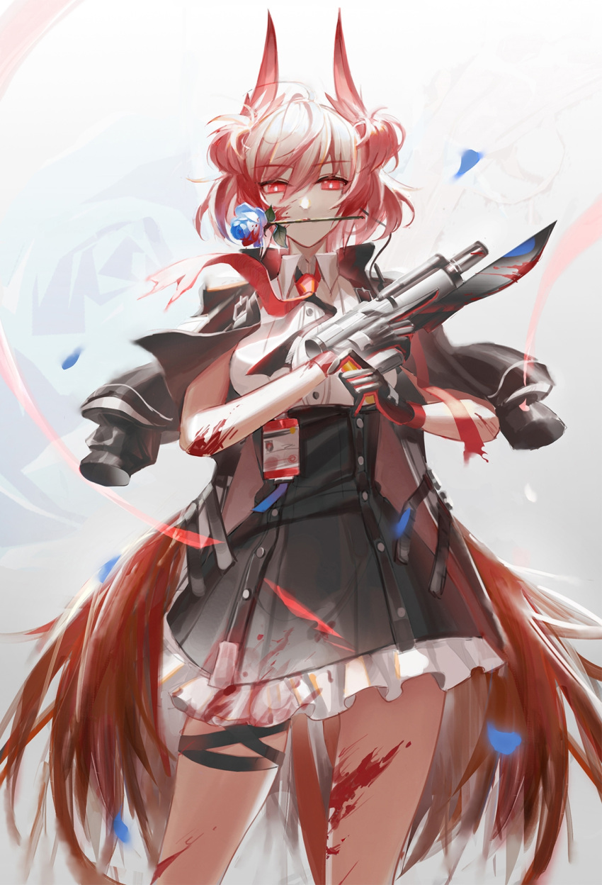 1girl animal_ears arknights bird_ears black_dress black_gloves black_jacket blood blue_flower blue_rose cowboy_shot dress feathers flower flower_in_mouth frilled_dress frills gloves gun highres holding holding_gun holding_weapon id_card jacket jacket_on_shoulders looking_at_viewer luren_max necktie petals pink_hair red_eyes red_neckwear rose short_hair solo suffering_(arknights) thigh_strap weapon white_background
