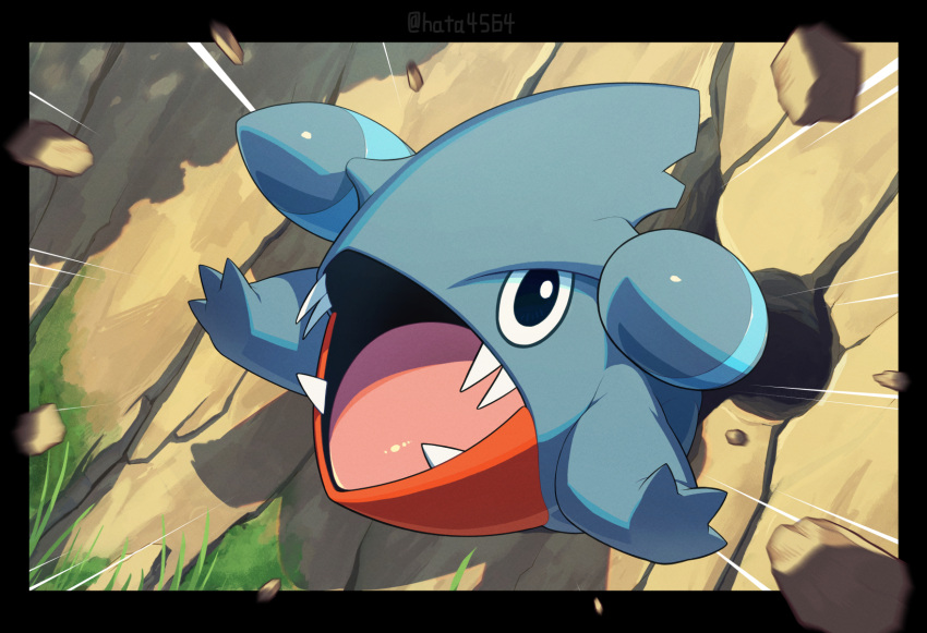 black_eyes blurry commentary_request emphasis_lines gen_4_pokemon gible grass hata4564 highres no_humans open_mouth pokemon pokemon_(creature) rock sharp_teeth solo teeth through_wall tongue