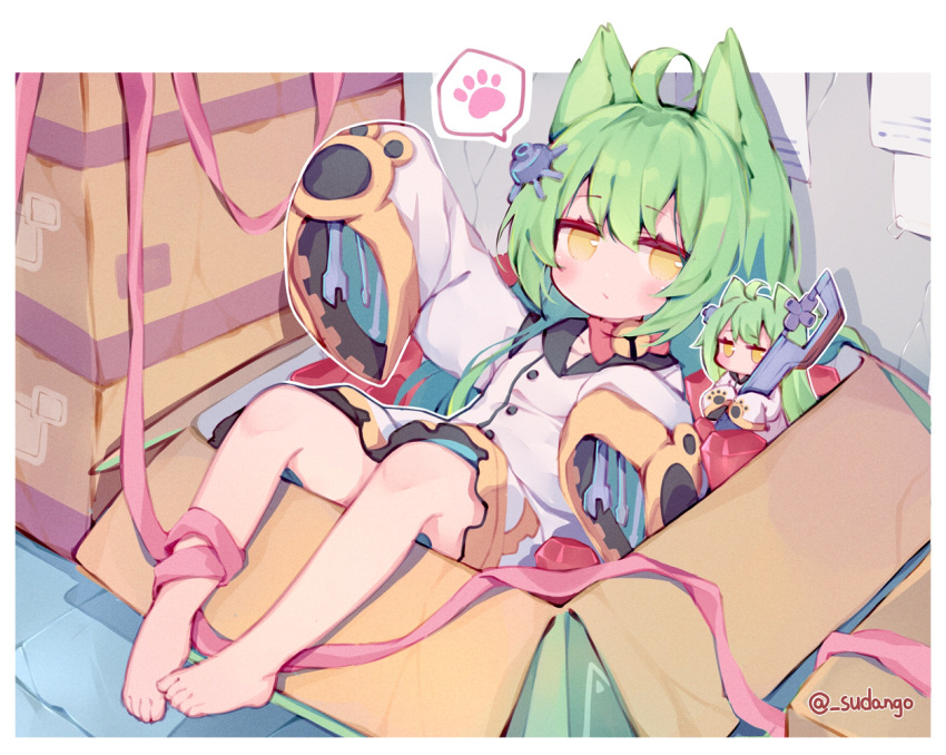 ahoge akashi_(azur_lane) animal_ears azur_lane bangs barefoot bell bow box cardboard_box cat_ears commentary dress eyebrows_visible_through_hair green_hair hair_between_eyes hair_ornament in_box in_container indoors jingle_bell long_hair long_sleeves looking_at_viewer neck_bell pink_ribbon red_bow ribbon ruby_(gemstone) sleeves_past_fingers sleeves_past_wrists spoken_paw sudango twitter_username very_long_hair white_dress wide_sleeves wrench yellow_eyes
