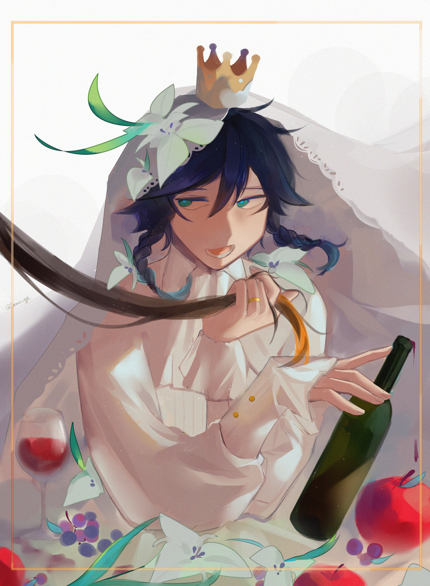 absurdres alcohol androgynous apple bangs black_hair blue_hair bottle braid bridal_veil collared_shirt crown cup drinking_glass flower food frilled_sleeves frills fruit genshin_impact gradient_hair grapes green_eyes hair_flower hair_ornament highres holding holding_another's_hair holding_bottle jewelry leaf long_sleeves male_focus multicolored_hair open_mouth orange_hair ring shirt short_hair_with_long_locks sidelocks simple_background smile straw_ye twin_braids veil venti_(genshin_impact) wedding_ring white_background white_flower white_shirt wine wine_bottle wine_glass