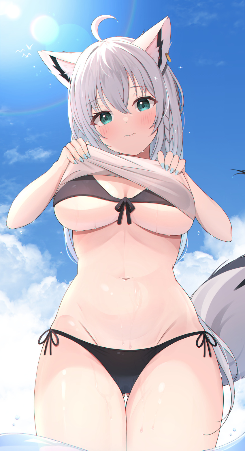 1girl absurdres ahoge animal_ear_fluff animal_ears ass_visible_through_thighs bangs bikini black_bikini blue_nails blue_sky braid breasts clothes_lift clouds commentary_request day earrings eyebrows_visible_through_hair fox_ears fox_girl fox_tail green_eyes groin hair_between_eyes highres hololive in_water jewelry large_breasts lifted_by_self long_hair looking_at_viewer nail_polish navel outdoors shallow_water shirakami_fubuki shirt shirt_lift single_earring sky solo starfox1015 stomach swimsuit tail under_boob very_long_hair virtual_youtuber water wet wet_clothes white_hair white_shirt