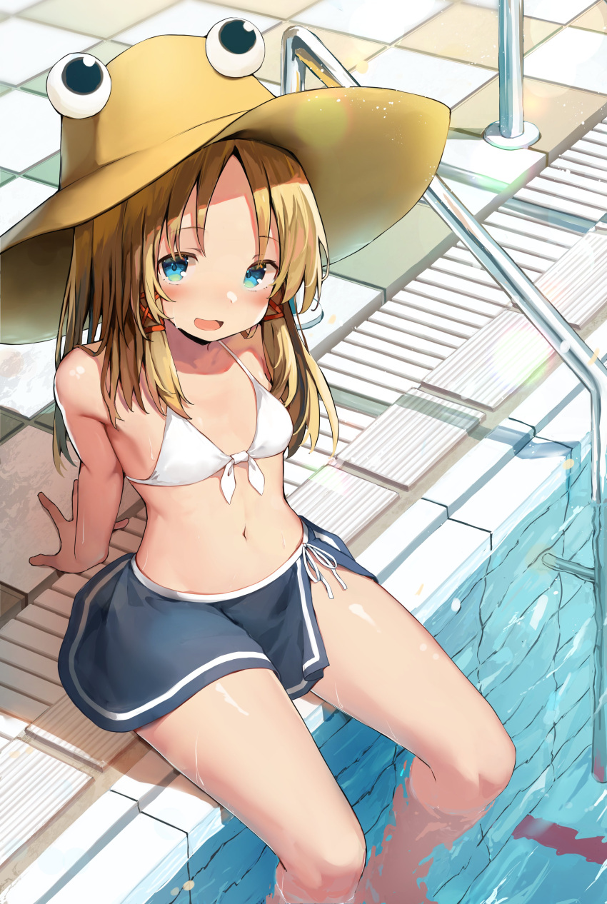 1girl absurdres arm_support bikini blonde_hair blue_eyes breasts brown_headwear commentary_request eyebrows_visible_through_hair eyes hat highres long_hair looking_at_viewer mamemochi moriya_suwako navel open_mouth partially_submerged pool sitting small_breasts smile solo swimsuit touhou water white_bikini