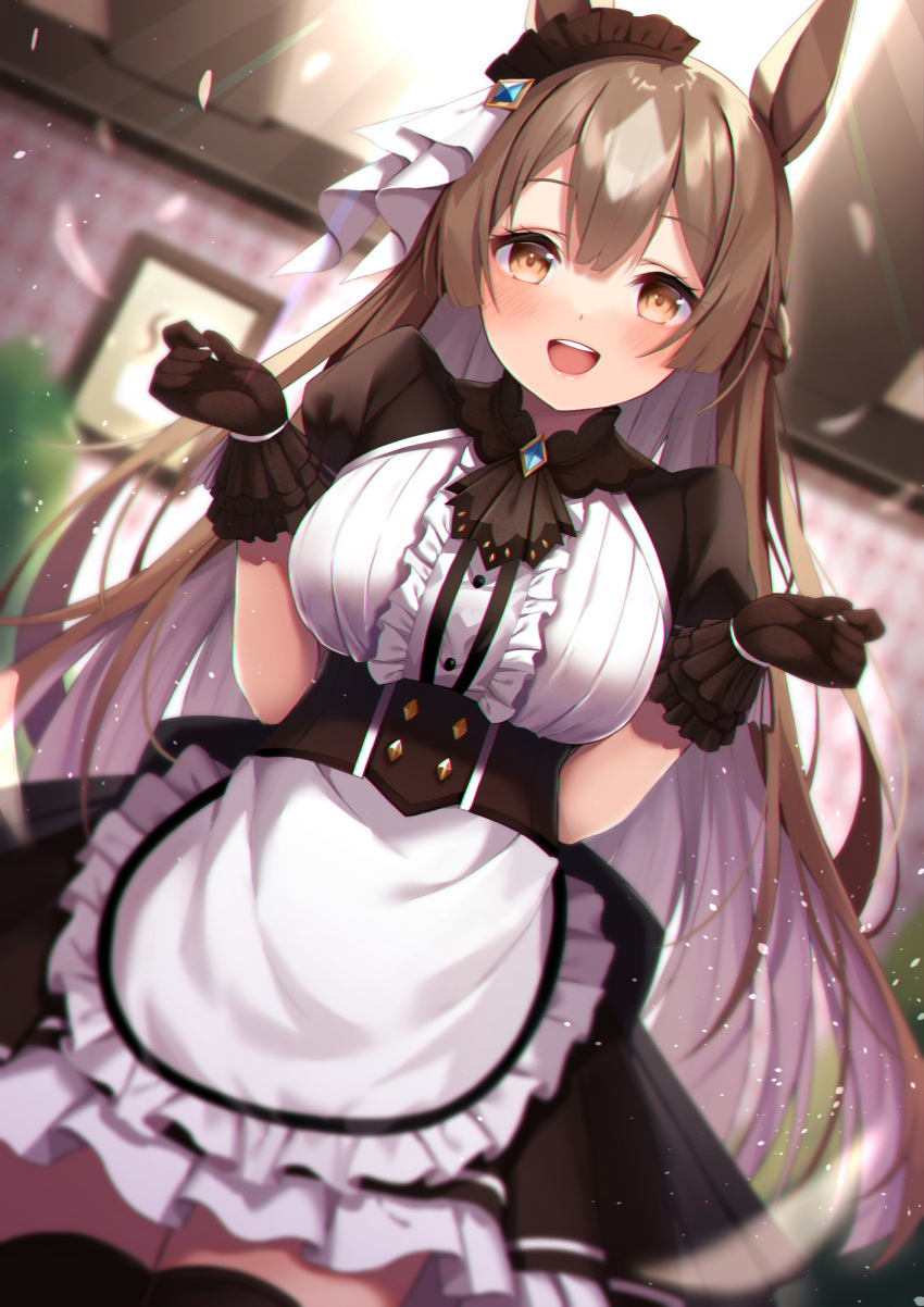1girl :d amahara_pekozaemon animal_ears apron bangs black_dress black_gloves black_legwear blurry blurry_background blush breasts brown_eyes brown_hair center_frills commentary_request depth_of_field dress dutch_angle eyebrows_visible_through_hair frilled_apron frills gloves hair_between_eyes hands_up highres horse_ears indoors long_hair looking_at_viewer medium_breasts open_mouth puffy_short_sleeves puffy_sleeves satono_diamond shirt short_sleeves smile solo thigh-highs umamusume very_long_hair waist_apron white_apron white_shirt