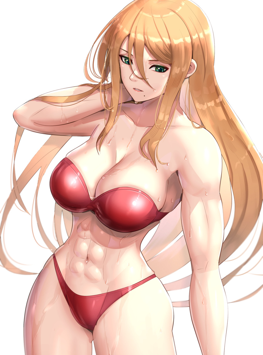 1girl abs absurdres ass bikini blonde_hair breasts gonzarez green_eyes highres large_breasts long_hair looking_at_viewer metroid metroid_(classic) mole muscular muscular_female navel red_bikini samus_aran simple_background solo swimsuit