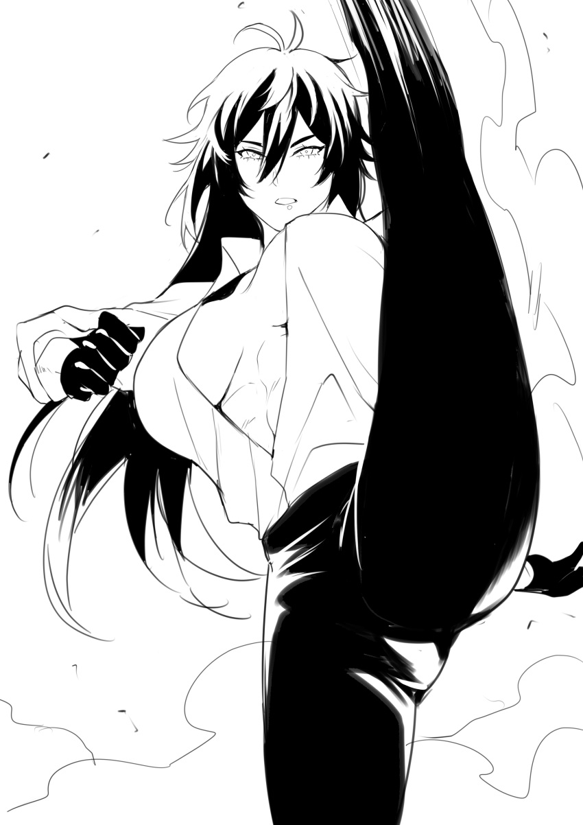 abs absurdres bangs black_gloves black_pants breasts collared_shirt commentary english_commentary genderswap genderswap_(mtf) genshin_impact gloves greyscale hair_between_eyes highres large_breasts leg_up long_hair long_pants long_sleeves looking_at_viewer monochrome open_clothes open_mouth open_shirt pants shirt simple_background solo sushisalmon95 toned zhongli_(genshin_impact)