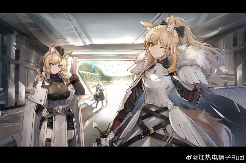3girls absurdres animal_ear_fluff animal_ears arena arknights aunt_and_niece axe bangs black_footwear black_gloves black_legwear black_skirt blemishine_(arknights) blonde_hair blue_eyes boots brown_eyes cape chinese_commentary closed_mouth commentary_request day eyebrows_visible_through_hair gloves hair_ornament hand_in_hair hand_on_hip headphones highres holding holding_axe holding_sword holding_weapon jia_redian_ruzi_ruzi kingdom_of_kazimierz_logo letterboxed long_hair looking_at_viewer looking_away multiple_girls nearl_(arknights) outdoors siblings sisters skirt sword thigh-highs thumbs_up weapon weibo_username whislash_(arknights) white_cape white_hair