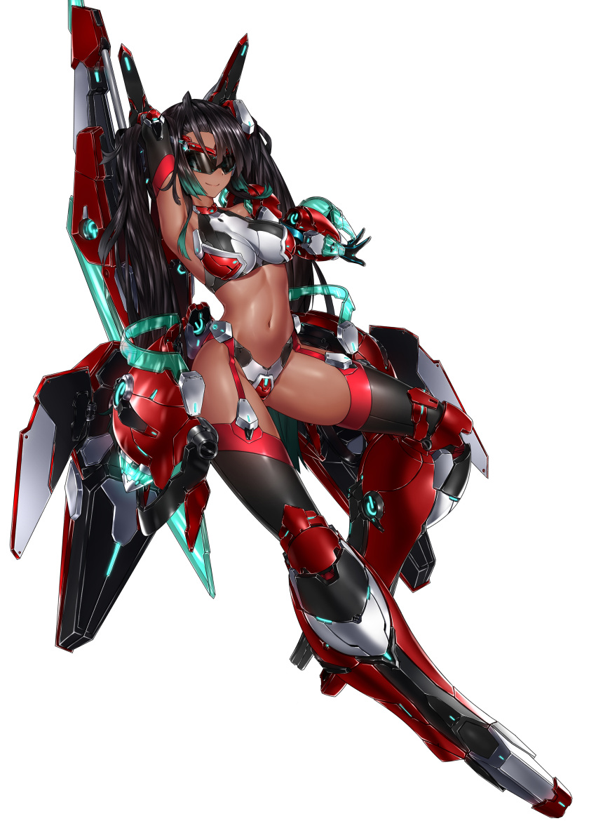 1girl absurdres armor arms_up bikini_armor black_hair breasts dark-skinned_female dark_skin full_body highres kai_(pixiv12466647) long_hair looking_at_viewer mecha_musume mechanical_legs mechanical_wings navel original simple_background small_breasts solo sunglasses tan very_long_hair white_background wings