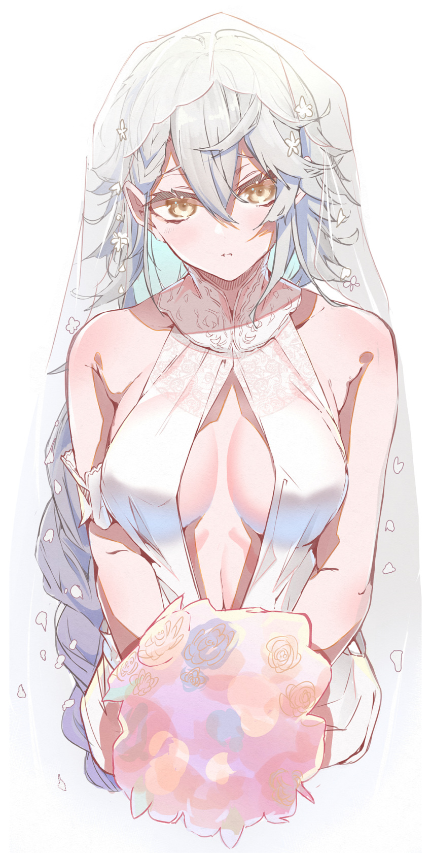 1girl bare_shoulders bouquet braid braided_ponytail breasts bridal_veil closed_mouth collarbone dress e_sky_rugo eyebrows_visible_through_hair flower gepard_m1_(girls_frontline) girls_frontline highres holding holding_bouquet holding_flower jewelry long_hair looking_at_viewer medium_breasts ring silver_hair solo veil wedding_band wedding_dress white_background white_dress yellow_eyes