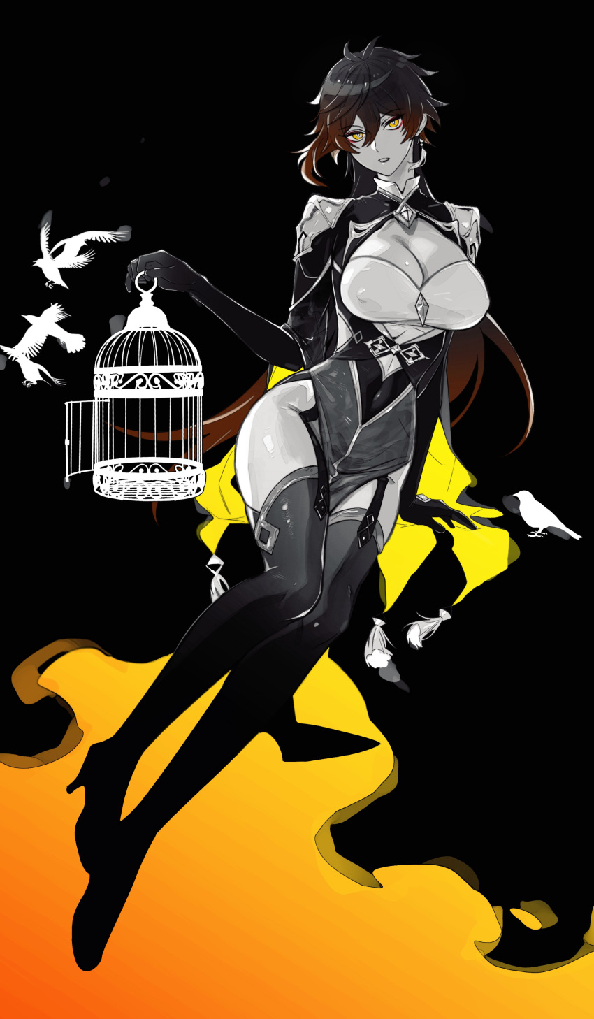 1girl absurdres animal bangs bird birdcage black_background black_gloves black_hair breasts brown_hair cage coattails collared_shirt commentary_request earrings eyeliner eyeshadow full_body garter_straps genderswap genderswap_(mtf) genshin_impact gloves godwkgodwk gradient_hair greyscale hair_between_eyes high_heels highres holding holding_cage jacket jewelry korean_commentary large_breasts long_hair long_sleeves makeup monochrome multicolored_hair open_mouth partially_colored red_eyeshadow shirt simple_background single_earring solo symbol_commentary tassel tassel_earrings thigh-highs vest yellow_eyes zhongli_(genshin_impact)