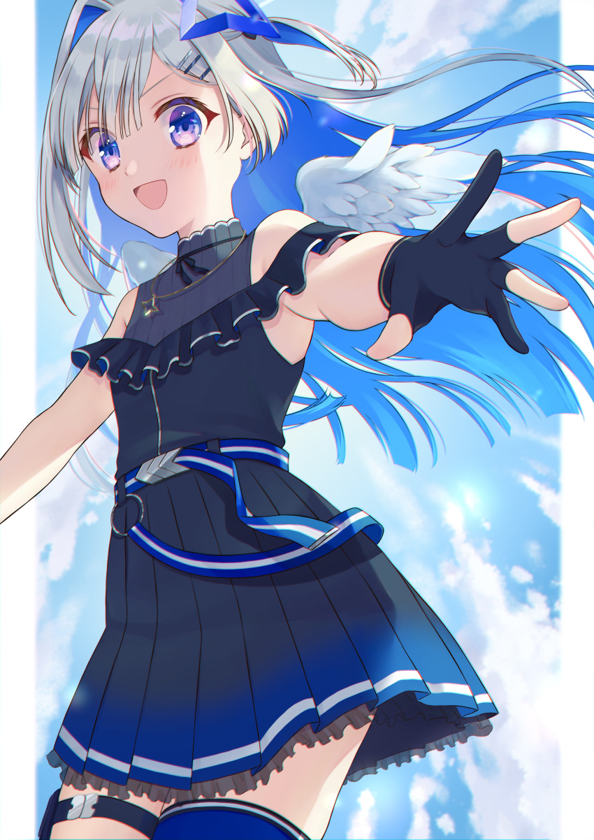 1girl :d absurdres amane_kanata angel angel_wings bangs bare_shoulders belt black_dress black_gloves blue_belt blue_hair blush clothing_cutout colored_inner_hair dress feathered_wings from_below from_side gloves hair_ornament hairclip halo highres hololive kabi_akaru long_hair looking_at_viewer mini_wings multicolored_hair official_alternate_costume open_mouth partially_fingerless_gloves pleated_dress short_dress shoulder_cutout sideways_glance silver_hair single_hair_intake single_thighhigh smile solo star_halo thigh-highs thigh_strap two_side_up v-shaped_eyebrows violet_eyes virtual_youtuber white_wings wings