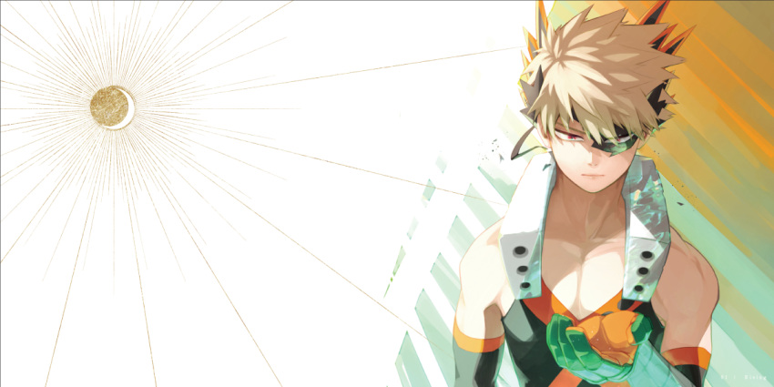 1boy bakugou_katsuki bangs bare_shoulders black_shirt black_sleeves blonde_hair boku_no_hero_academia closed_mouth collarbone commentary_request detached_sleeves eye_mask gloves grey_background male_focus multicolored multicolored_background orange_background shirt short_hair sleeveless solo spiky_hair toned toned_male torn_mask unou_(unou_mha) upper_body white_background
