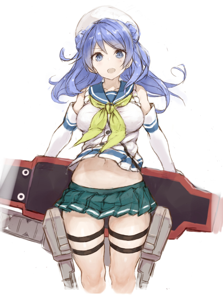 1girl absurdres bangs beret blue_eyes blue_hair blue_sailor_collar breasts cropped_jacket double_bun elbow_gloves eyebrows_visible_through_hair gloves hat highres kantai_collection large_breasts long_hair midriff miniskirt navel open_mouth pleated_skirt rigging ryo_(tg290) sailor_collar school_uniform serafuku simple_background skirt solo urakaze_(kancolle) white_background white_gloves white_headwear