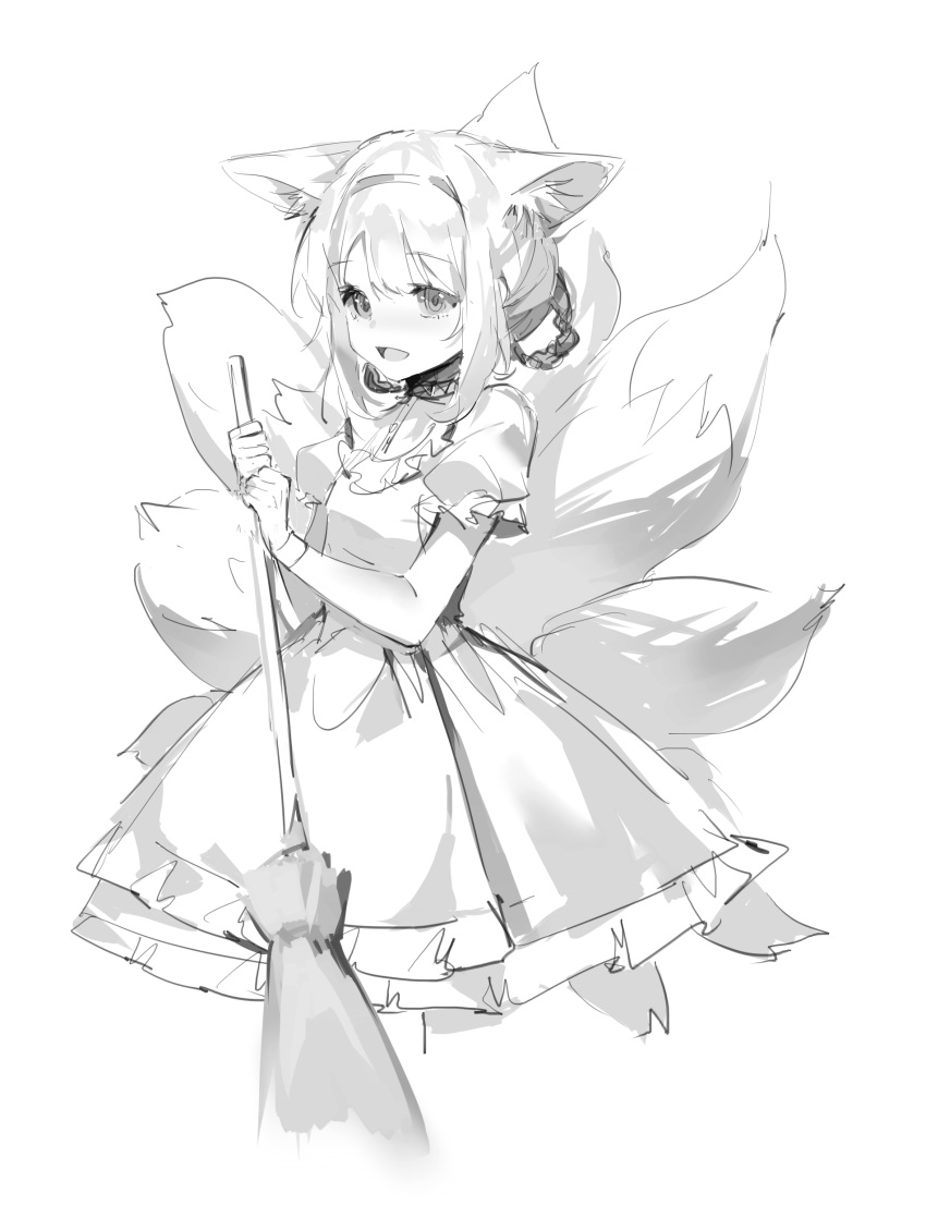 1girl absurdres animal_ear_fluff animal_ears arknights broom commentary_request cowboy_shot cropped_legs dress eyebrows_visible_through_hair fox_ears greyscale hair_rings hairband hands_up highres holding holding_broom kyuubi meng_ziya monochrome multiple_tails open_mouth puffy_short_sleeves puffy_sleeves short_sleeves simple_background smile solo suzuran_(arknights) tail white_background