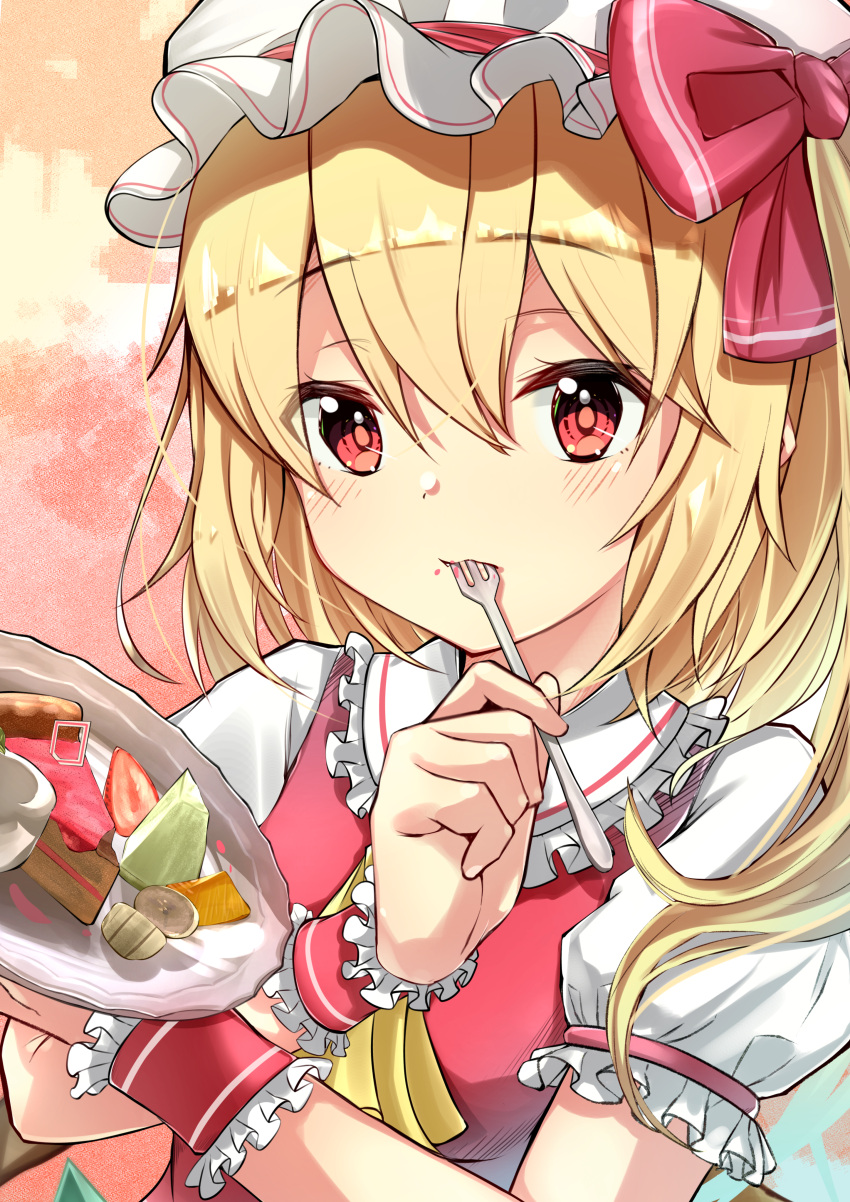 1girl absurdres arms_up banana bangs blonde_hair blush bow cake closed_mouth collar crystal dress eating eyebrows_visible_through_hair flandre_scarlet food fruit hair_between_eyes hands_up hat hat_bow highres huge_filesize kiwifruit medium_hair multicolored multicolored_background orange_background ore-artstudio pink_background ponytail puffy_short_sleeves puffy_sleeves red_bow red_dress red_eyes red_wristband short_sleeves solo strawberry touhou tray white_collar white_headwear white_sleeves wristband yellow_background yellow_neckwear