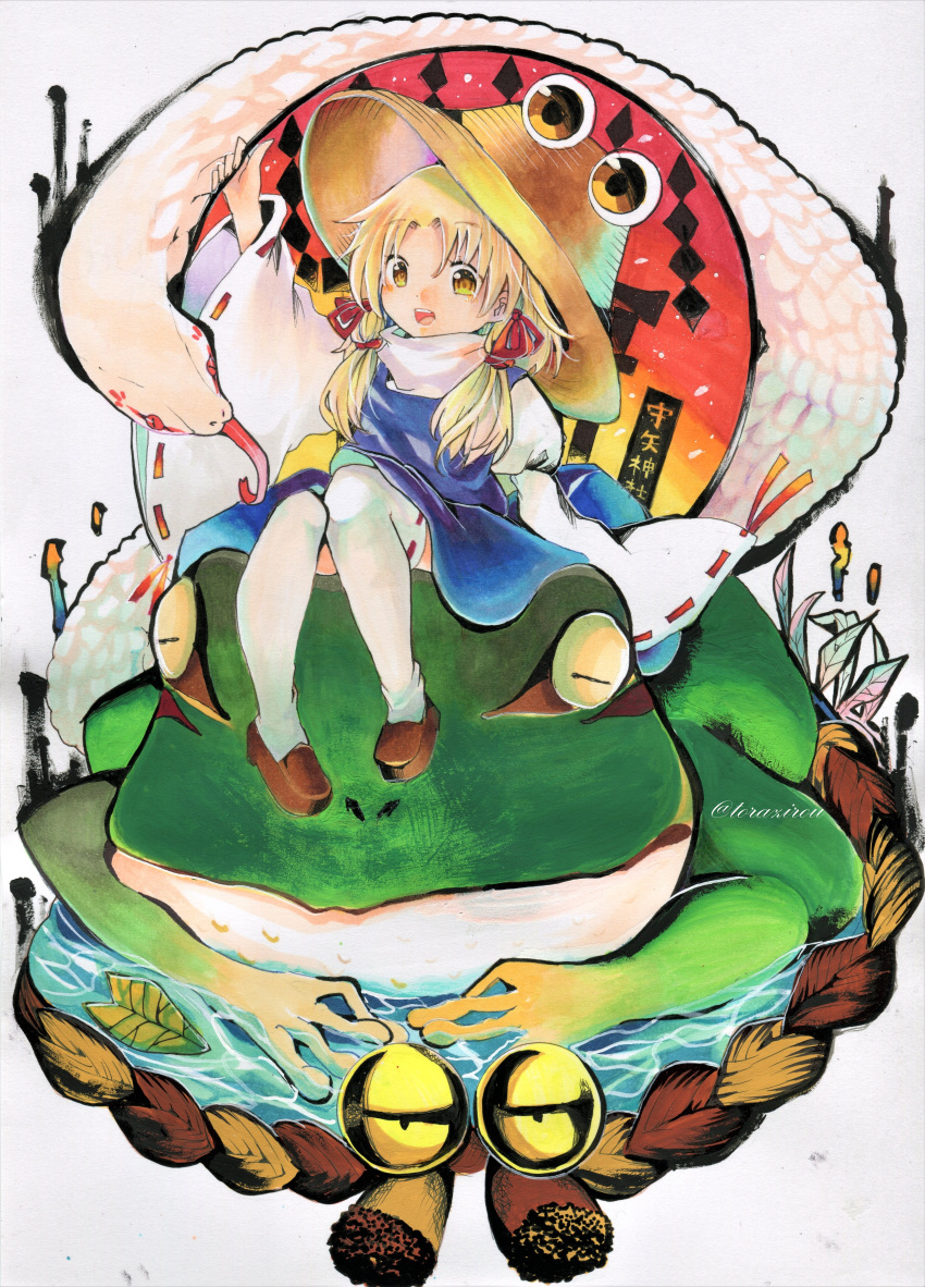 1girl 2others absurdres acrylic_paint_(medium) artist_name bangs bell blonde_hair blue_skirt blue_vest frog hair_ribbon hat highres holding in_water leaf long_sleeves marker_(medium) moriya's_iron_rings moriya_suwako multiple_others pyonta red_ribbon ribbon rope shimenawa shirt shoes short_hair sidelocks sitting_on_animal skirt skirt_set sleeves_past_wrists snake solo_focus thigh-highs torajirou_(toraneko_zirou) touhou traditional_media turtleneck vest white_background white_legwear white_shirt white_snake wide_sleeves yellow_eyes