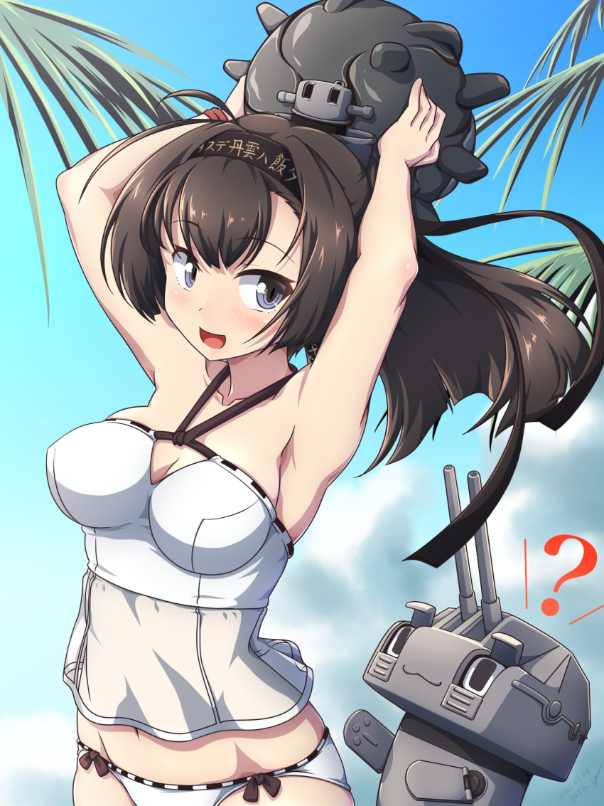 1girl 547th_sy ? abyssal_ship ahoge akizuki_(kancolle) arms_up bangs bikini black_hair blush breasts chou-10cm-hou-chan clothes_writing clouds day enemy_naval_mine_(kancolle) eyebrows_visible_through_hair hachimaki headband highres holding kantai_collection large_breasts long_hair open_mouth outdoors ponytail sky swimsuit white_bikini