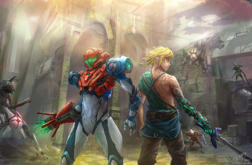 1boy 1girl arm_cannon back-to-back belt blonde_hair blue_eyes bokoblin brick_wall cyborg e.m.m.i._(metroid) highres lehis link master_sword metroid metroid_dread power_armor prosthesis prosthetic_arm robot samus_aran the_legend_of_zelda the_legend_of_zelda:_breath_of_the_wild the_legend_of_zelda:_breath_of_the_wild_2 torn_clothes weapon