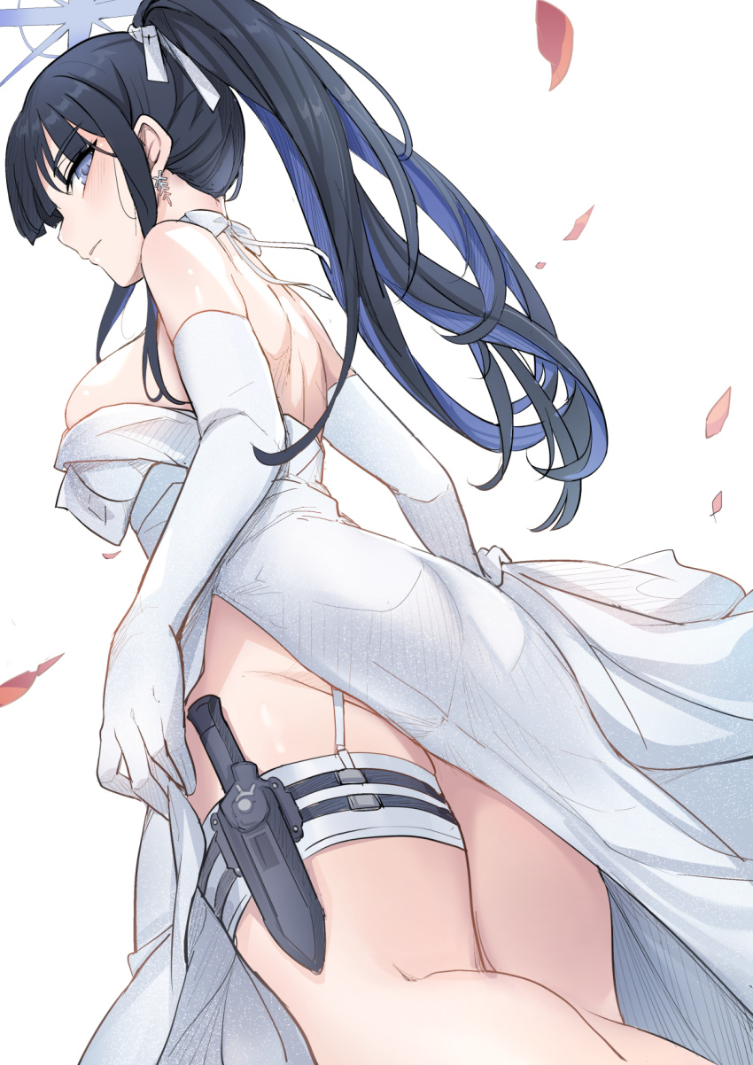 1girl ass blue_archive blue_halo choker colored_inner_hair dress elbow_gloves garter_straps gloves halo highres multicolored_hair official_alternate_costume saori_(blue_archive) saori_(dress)_(blue_archive) solo strapless strapless_dress white_choker white_dress white_garter_straps white_gloves yougenko