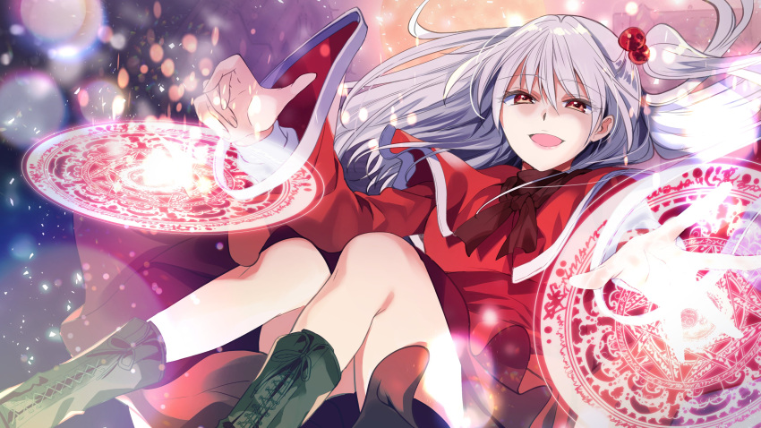 1girl :d absurdres bangs black_footwear boots cross-laced_footwear dress eyebrows_visible_through_hair grey_hair hair_bobbles hair_ornament highres katayama_kei light_particles long_hair long_sleeves looking_at_viewer one_side_up open_mouth red_dress red_eyes shinki_(touhou) smile solo touhou touhou_(pc-98) wide_sleeves