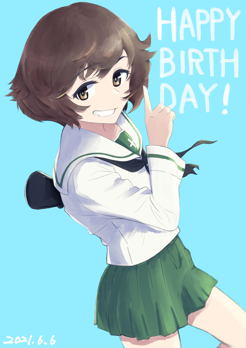 1girl absurdres akiyama_yukari background_text bangs birthday black_neckwear blouse blue_background brown_eyes brown_hair commentary cowboy_shot dated english_text eyebrows_visible_through_hair girls_und_panzer green_skirt grin happy_birthday highres index_finger_raised long_sleeves looking_at_viewer messy_hair miniskirt neckerchief ooarai_school_uniform oritako pleated_skirt sailor_collar school_uniform serafuku short_hair simple_background skirt smile solo standing white_blouse white_sailor_collar wind