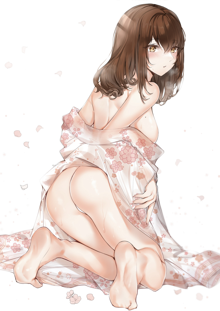 1girl ass bangs bare_shoulders barefoot blush breasts brown_eyes brown_hair eyebrows_visible_through_hair floral_print from_behind full_body highres kneeling looking_at_viewer looking_back medium_hair mole mole_on_breast off_shoulder original panties petals simple_background solo thighs underwear white_background white_panties yukineko1018