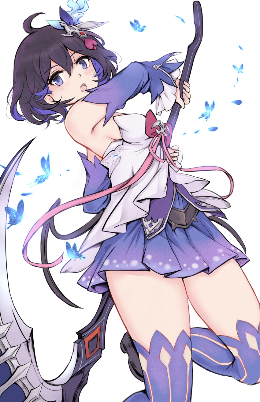 1girl antenna_hair bangs bare_shoulders blue_butterfly blue_eyes blue_hair breasts bug butterfly hair_between_eyes hair_ornament highres holding holding_weapon honkai_(series) honkai_impact_3rd insect looking_at_viewer open_mouth purple_legwear purple_skirt scythe seele_vollerei seele_vollerei_(swallowtail_phantasm) shoes short_hair sideboob simple_background skirt solo thigh-highs weapon white_background yougen_kitsune