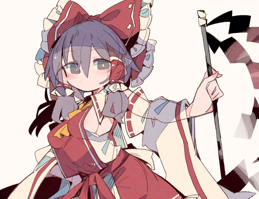 1girl ascot bangs bow breasts closed_mouth detached_sleeves gohei grey_eyes grey_hair hair_between_eyes hair_bow hair_tubes hakurei_reimu highres holding looking_at_viewer massakasama medium_hair nontraditional_miko red_bow red_shirt red_skirt ribbon-trimmed_sleeves ribbon_trim shide shirt sideboob simple_background skirt solo touhou upper_body white_background wide_sleeves yellow_neckwear