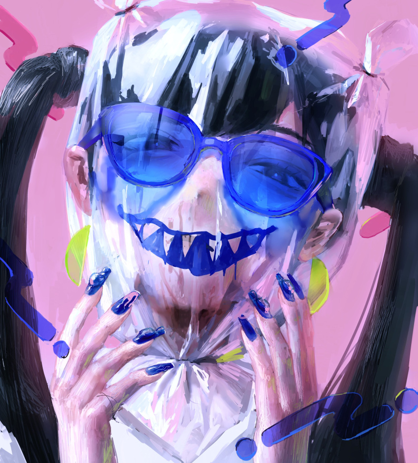 1girl absurdres bag bag_over_head black_hair blue-framed_eyewear blue_nails glasses hatena_(nazequestion) highres looking_at_viewer nail_polish original plastic_bag solo twintails upper_body