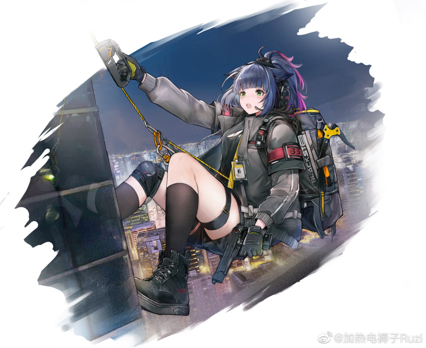 1girl animal_ears arknights backpack bag bangs black_footwear black_gloves black_jacket black_legwear black_shirt blue_hair blush building cat_ears chinese_commentary cityscape commentary_request eyebrows_visible_through_hair fingerless_gloves full_body gloves green_eyes gun handgun highres holding holding_gun holding_weapon ice_axe id_card jacket jessica_(arknights) jessica_(ash)_(arknights) jia_redian_ruzi_ruzi long_sleeves multicolored_hair navel night open_clothes open_jacket open_mouth pistol ponytail purple_hair rappelling shirt shoes short_hair solo thigh-highs thigh_strap torn_clothes torn_shirt weapon weibo_username