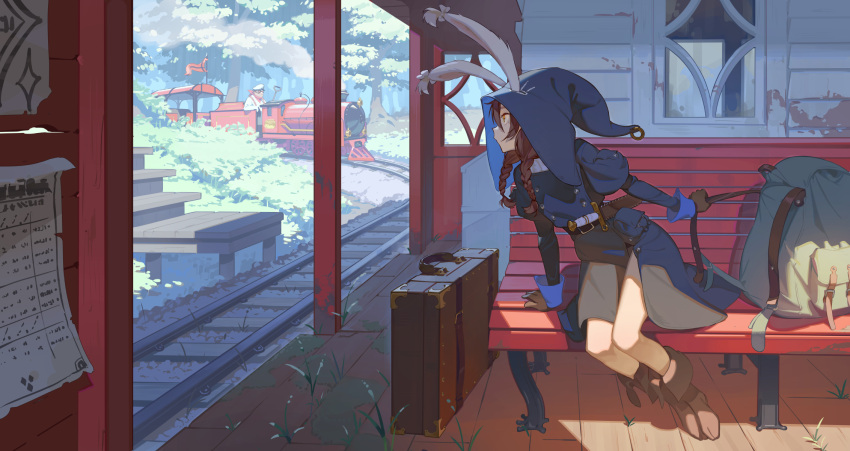 1girl 1other animal_ears backpack bag braid brown_eyes brown_hair building day ears_through_headwear fantasy forest ground_vehicle hat highres hks_(timbougami) long_hair long_sleeves nature original puffy_long_sleeves puffy_sleeves rabbit_ears railroad_tracks side_slit sitting suitcase train train_station twin_braids twintails weapon witch_hat