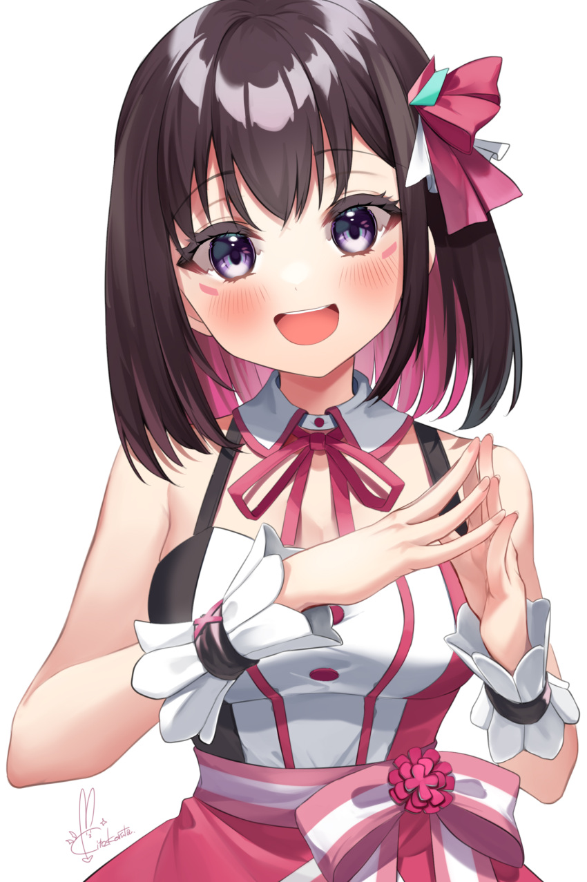 1girl :d absurdres azki_(hololive) bangs bare_shoulders black_hair blush breasts colored_inner_hair commentary_request detached_collar eyebrows_visible_through_hair hair_ribbon highres hololive kito_koruta looking_at_viewer medium_breasts medium_hair multicolored_hair neck_ribbon open_mouth pink_hair pink_ribbon pink_skirt ribbon shirt signature simple_background skirt sleeveless sleeveless_shirt smile solo steepled_fingers upper_body upper_teeth violet_eyes virtual_youtuber white_background white_shirt wrist_cuffs