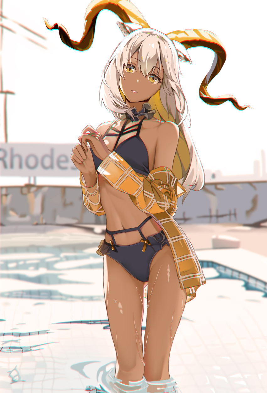 1girl absurdres animal_ears arknights ass_visible_through_thighs auguste backlighting bangs bare_shoulders beeswax_(arknights) bikini black_bikini blonde_hair collarbone colored_inner_hair commentary_request dark-skinned_female dark_skin day eyebrows_visible_through_hair feet_out_of_frame goat_ears goat_horns highres horns long_hair long_sleeves looking_at_viewer multicolored_hair navel off_shoulder open_clothes open_shirt orange_shirt outdoors parted_lips plaid plaid_shirt pool shirt silver_hair smile solo standing swimsuit two-tone_hair wading water wet yellow_eyes