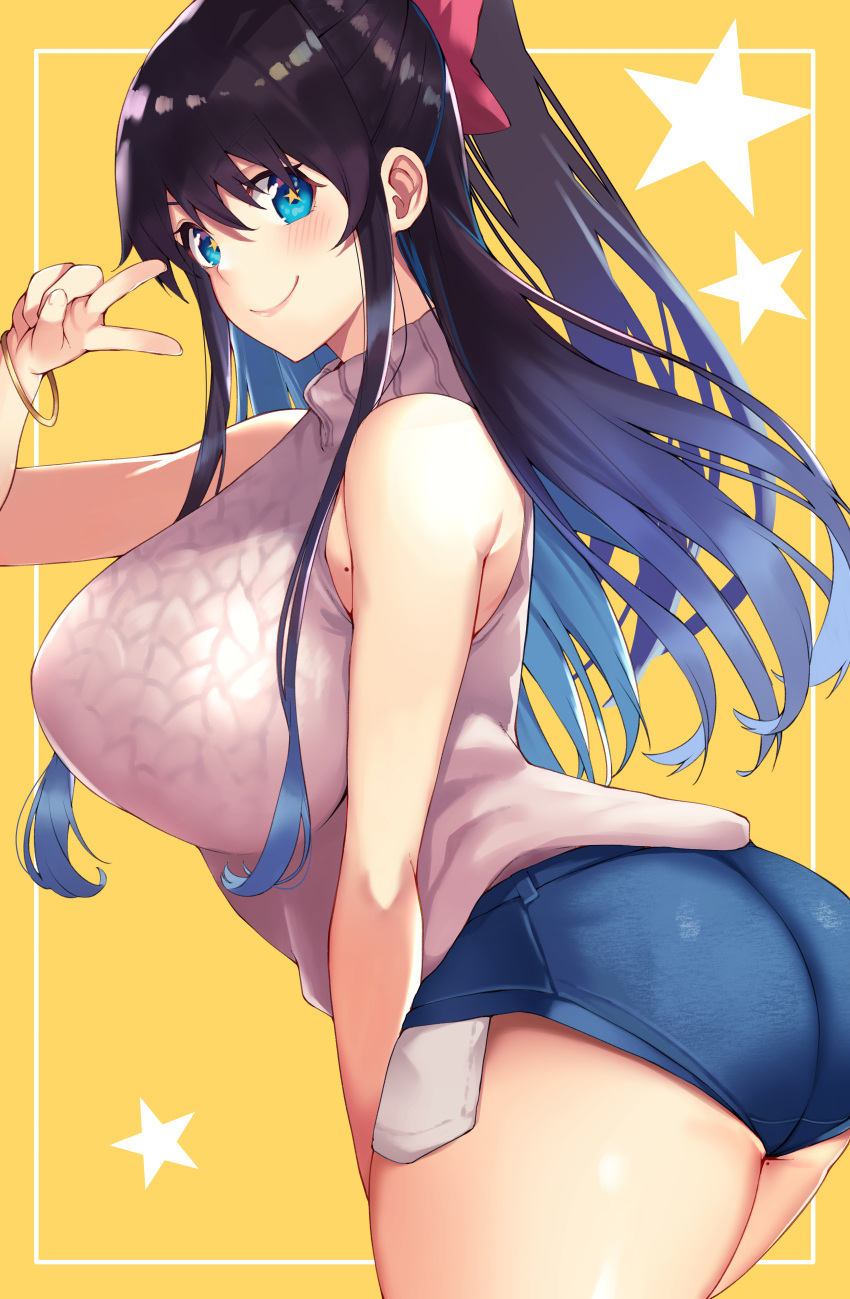 1girl absurdres arm_between_legs ass ass_visible_through_thighs bangs bare_shoulders blue_eyes blue_shorts blush bow breasts closed_mouth cowboy_shot curvy exposed_pocket eyebrows_visible_through_hair facing_away hair_between_eyes hair_bow hand_up highres large_breasts leaning_forward leaning_to_the_side long_hair looking_at_viewer looking_to_the_side mole mole_on_breast mole_on_thigh original pink_bow ponytail short_shorts shorts sidelocks simple_background sleeveless sleeveless_turtleneck smile solo star-shaped_pupils star_(symbol) sweater symbol-shaped_pupils t_bone_(06tbone) thick_thighs thighs turtleneck turtleneck_sweater twisted_torso v white_sweater yellow_background