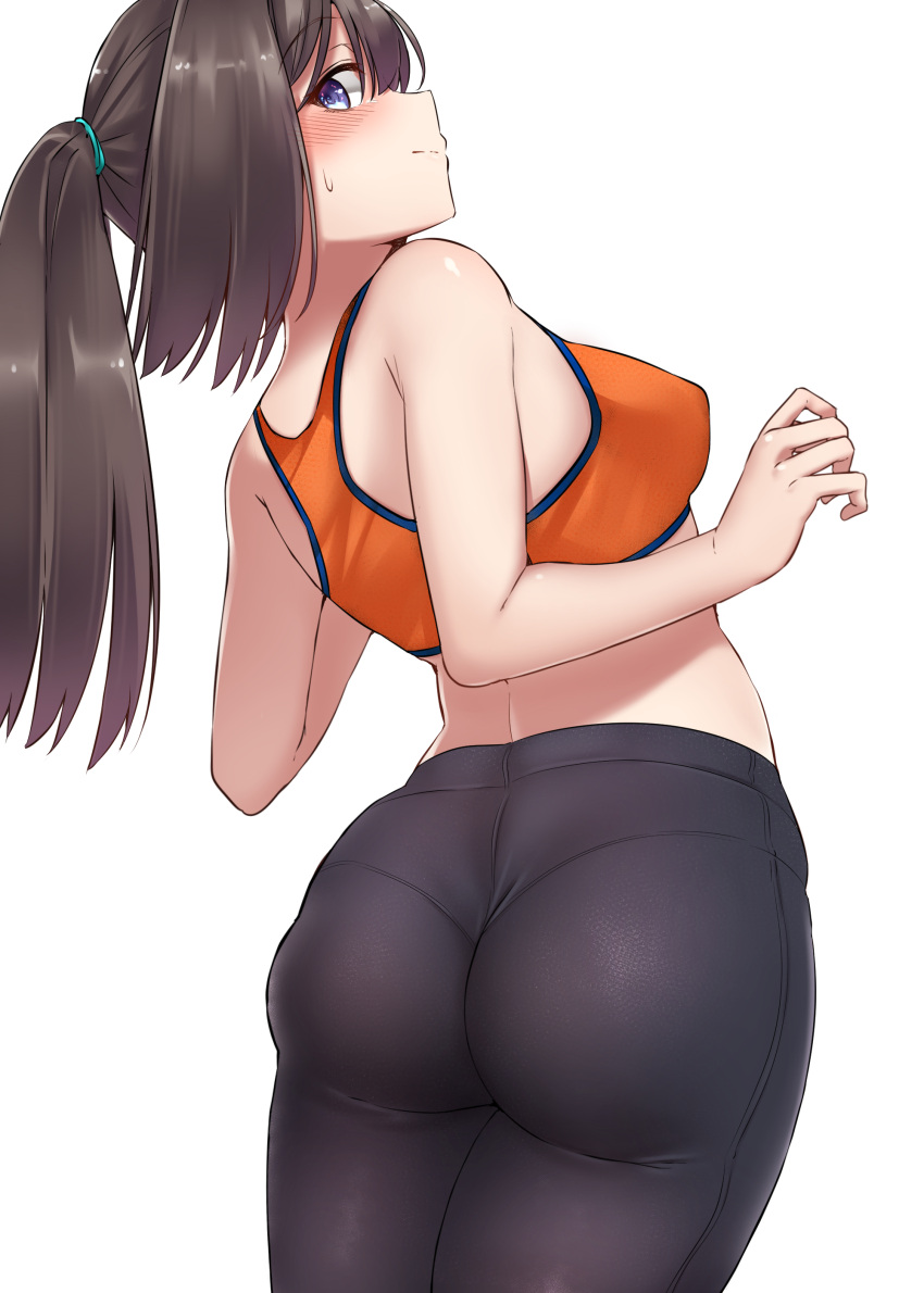 1girl absurdres akizuki_(kancolle) ass bare_shoulders black_hair black_pants blue_eyes blush breasts closed_mouth commentary_request cowboy_shot eyebrows_visible_through_hair from_behind highres kantai_collection kiritto long_hair looking_at_viewer looking_back medium_breasts motion_lines orange_shirt orange_tank_top pants ponytail shirt solo spoken_blush sports_bra sweat tank_top thighs violet_eyes yoga_pants