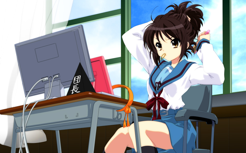 brown_hair computer danchou_pyramid hairband hairbrush highres magazine ponytail scan school_uniform serafuku short_hair sitting suzumiya_haruhi suzumiya_haruhi_no_yuuutsu wallpaper window