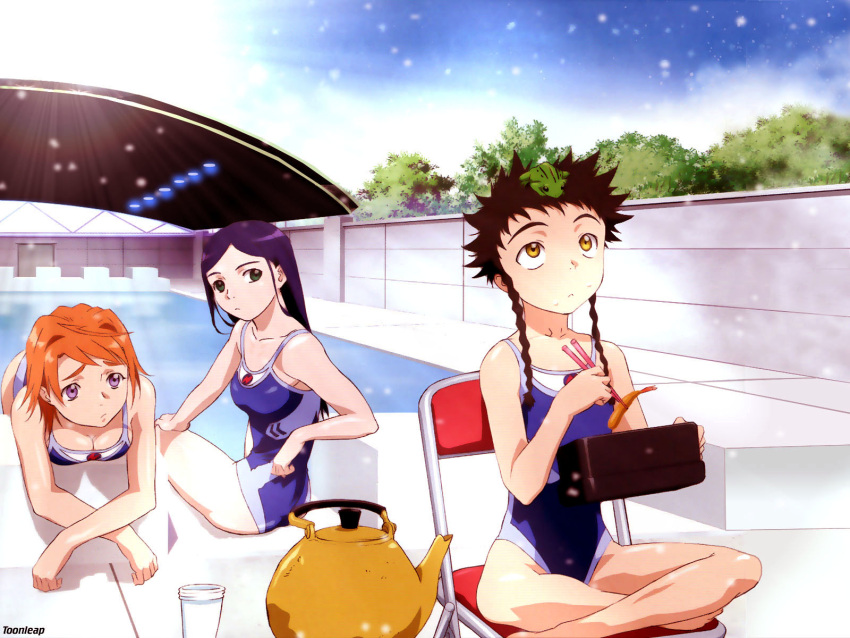 bent_over breasts cleavage competition_swimsuit crossed_arms crustacean diving_block flat_chest food frog highres indian_style kettle kuga_natsuki looking_back mai-hime minagi_mikoto multiple_girls my-hime object_on_head one-piece_swimsuit outdoors pool poolside shrimp shrimp_tempura sitting skinny sparkle sunbeam sunlight swimsuit tempura tokiha_mai wallpaper
