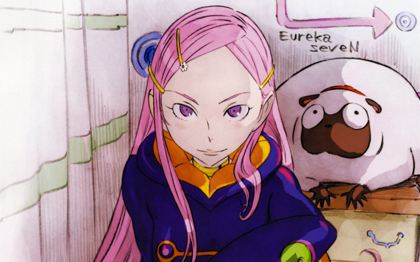 anemone bodysuit collar duplicate eureka_seven eureka_seven_(series) gulliver hair_ornament hairclip highres long_hair pink_hair purple_eyes wallpaper yoshida_ken'ichi