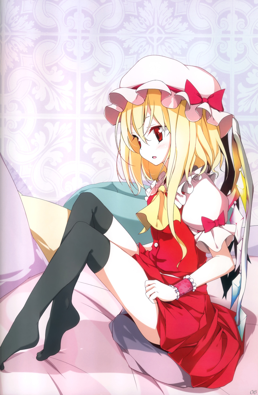 binding_discoloration blonde_hair feet flandre_scarlet hat highres oouso ponytail red_eyes short_hair side_ponytail solo thigh-highs thighhighs touhou usotsukiya wings