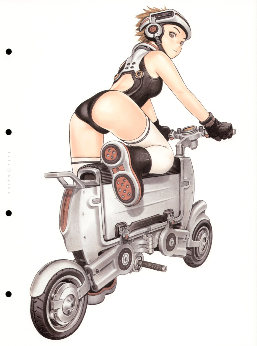 ass brown_hair futurhythm gloves highres mecha motor_vehicle motorcycle murata_renji one-piece_swimsuit original range_murata science_fiction scooter shoes short_hair swimsuit thigh-highs thighhighs vehicle visor