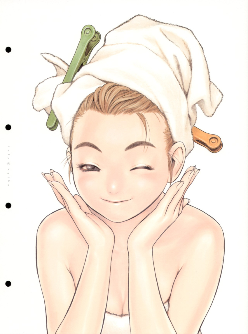 highres murata_renji naked_towel range_murata smile towel wink