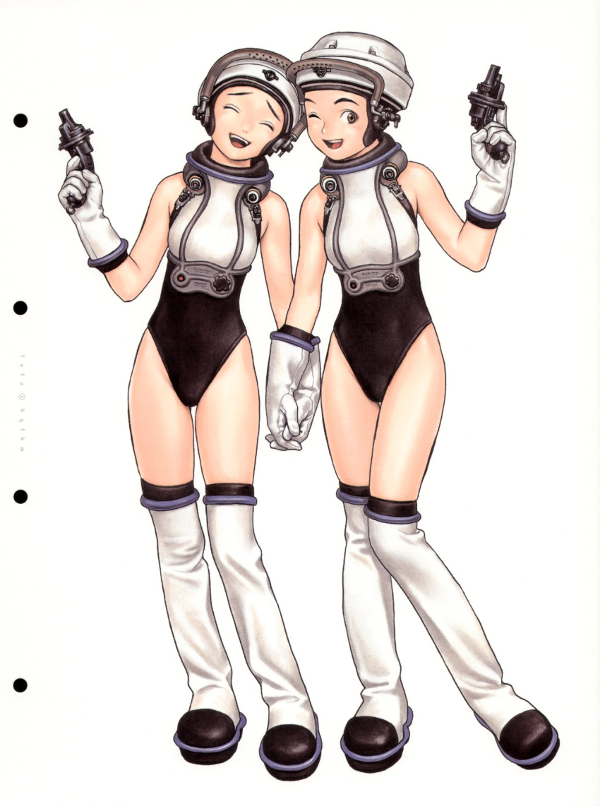 2girls gun helmet highres murata_renji range_murata science_fiction siblings spacesuit twins weapon
