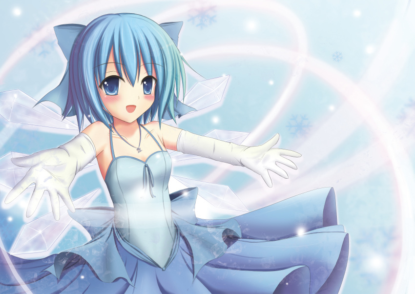 absurdres bad_id bare_shoulders blue_eyes blue_hair bow cirno dress elbow_gloves foreshortening gloves hair_bow highres ice jewelry necklace outstretched_arms short_hair solo spread_arms touhou wings yuzin yu~ji~n