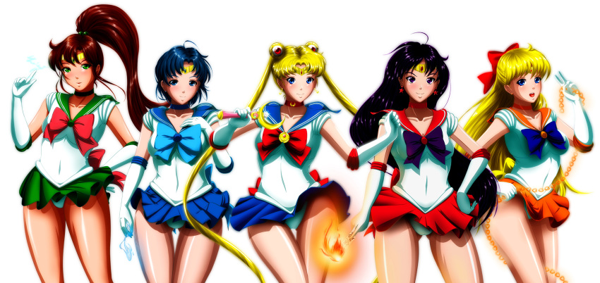 5girls :t adult_swim aino_minako bare_shoulders bishoujo_senshi_sailor_moon bishoujo_senshi_sailor_moon_r bishoujo_senshi_sailor_moon_r:_the_movie bishoujo_senshi_sailor_moon_s bishoujo_senshi_sailor_moon_s:_the_movie bishoujo_senshi_sailor_moon_supers bishoujo_senshi_sailor_moon_supers:_the_movie black_hair blonde_hair blue_bow blue_eyes blue_hair blue_sailor_collar boots bow bra breasts brooch brown_hair cameltoe chain choker cleavage collarbone cowboy_shot crescent crescent_earrings crescent_moon double_bun earrings elbow_gloves electricity female_focus fire gloves green_eyes grimbyslayer groin hair_bobbles hair_bow hair_bun hair_ornament half_updo hand_on_own_chest hand_on_own_hip headphones highres hino_rei inner_senshi jewelry kino_makoto light_smile lineup long_hair looking_at_viewer magical_girl mask medium_breasts midriff mizuno_ami moon moon_stick multiple_girls navel ofuda one_eye_closed open_mouth panties parted_lips pink_bow ponytail purple_eyes red_bow sailor_collar sailor_jupiter sailor_mars sailor_mercury sailor_moon sailor_moon_narikiri_bra_set sailor_senshi sailor_venus short_hair simple_background skirt standing star_(symbol) star_earrings thigh_gap tiara toei_animation toonami tsukino_usagi twintails underwear underwear_only v very_long_hair viz_media water white_background white_gloves white_hair