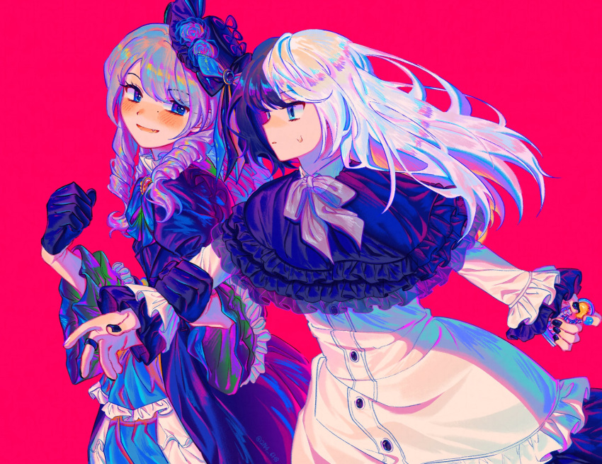 1boy 1girl androgynous black_capelet black_gloves black_hair black_trim blue_dress blue_eyes blunt_bangs blunt_ends capelet couple crossdressing curly_hair dress fang floating_hair gloves grey_hair hetero highres husband_and_wife jiip_stomach kamen_rider kamen_rider_gavv_(series) korean_commentary liselle_jaldak lolita_fashion long_hair max_(2n4_6h8) multicolored_hair open_mouth pink_background split-color_hair sweatdrop tokusatsu trap white_dress white_hair