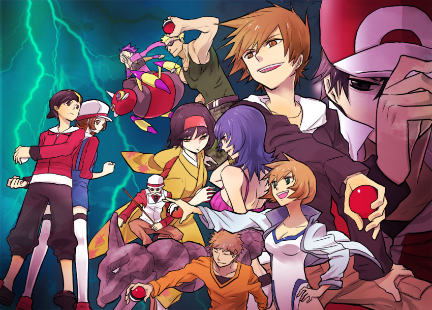 anzu_(pokemon) ariados backwards_hat baseball_cap black_hair blonde_hair blue_eyes blue_hair breasts brown_eyes brown_hair cabbie_hat cane cargo_pants cleavage closed_eyes epic erika_(pokemon) everyone facial_hair glasses gold_(pokemon) gold_(pokemon)_(remake) gym_leader hat hat_tip headband holding holding_poke_ball hoodie jacket japanese_clothes jewelry kasumi_(pokemon) katsura_(pokemon) katsura_(pokemon)_(hgss) kimono kotone_(pokemon) kuronomine lightning machisu_(pokemon) machisu_(pokemon)_(hgss) mustache natsume_(pokemon) natsume_(pokemon)_(hgss) necklace onix ookido_green orange_hair overalls pointing poke_ball pokemon pokemon_(creature) pokemon_(game) pokemon_gsc popped_collar red_(pokemon) scarf short_hair smile squatting sunglasses swimsuit takeshi_(pokemon) takeshi_(pokemon)_(hgss) thigh-highs thighhighs vest white_legwear white_thighhighs wristband zettai_ryouiki