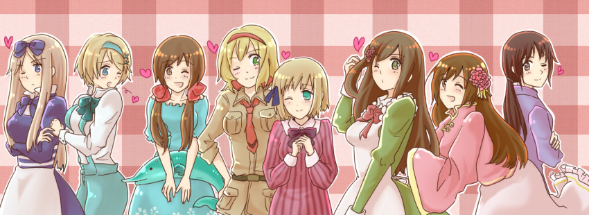 belarus_(hetalia) belgium_(hetalia) black_hair blonde_hair blue_eyes bow breasts brown_eyes brown_hair dress fish flower green_eyes hair_bow hair_flower hair_ornament hair_ribbon hairclip heart hungary_(hetalia) large_breasts liechtenstein_(hetalia) military military_uniform necktie ponytail ribbon seychelles_(hetalia) sleeves_rolled_up taiwan_(hetalia) twintails ukraine_(hetalia) uniform vietnam_(hetalia) wink